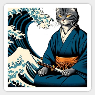 Vaporwave Samurai Cat Great Wave Off Kanagawa Sticker